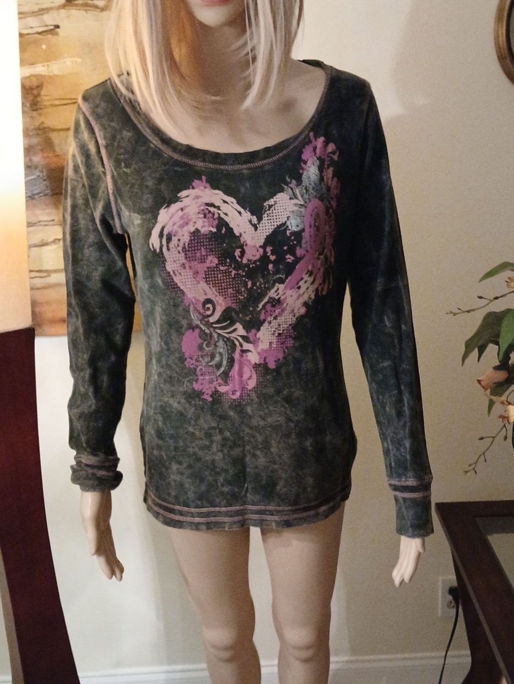 ONE WORLD Vintage Wash Long-Sleeve Top with Pink Heart Graphic